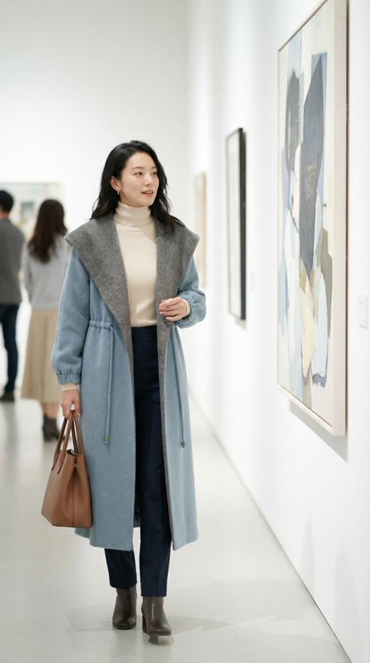 MM大帽腰抽绳装饰双色双面手工长款大衣 商品图3