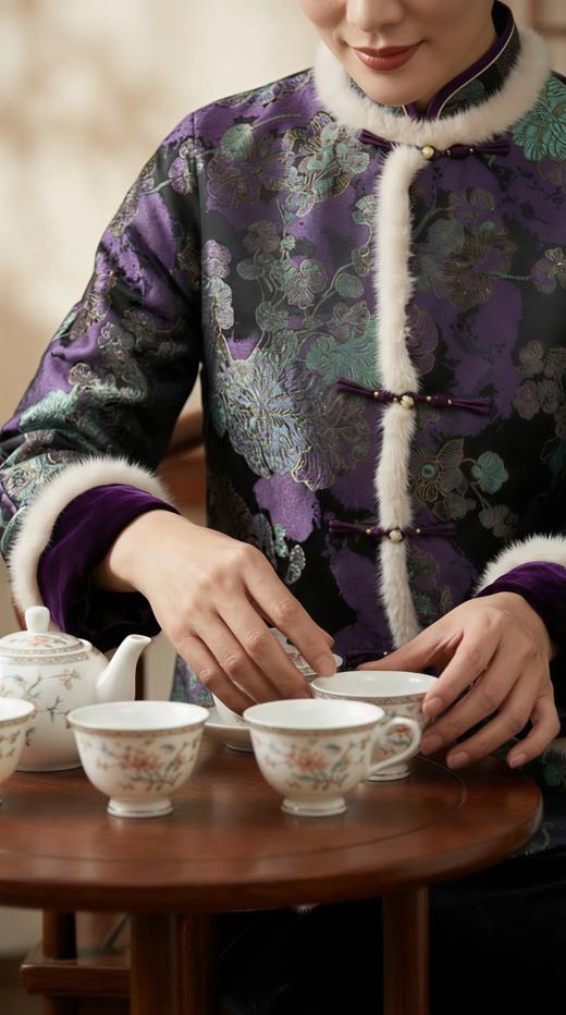 HN 新中式轻奢袖撞色夹棉水貂毛外套 商品图3