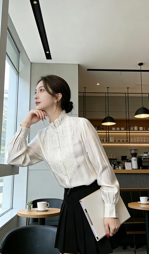 SC1F02_凝脂色_衬衫_春秋_立领木耳边蕾丝拼接缎面长袖_高级女装_BERNIEELEN 伯妮斯茵 商品图1