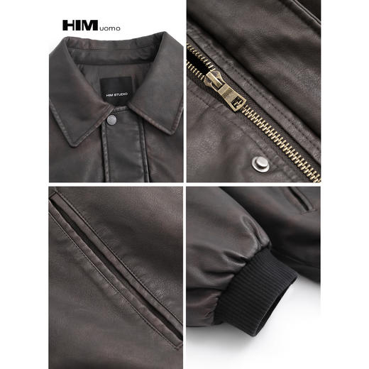 HIM漢崇【商场同款】复古做旧洗褪PU皮夹克潮流痞帅机车翻领棉服 商品图3