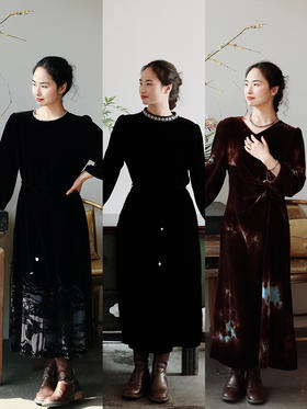 【100%桑蚕丝】 真丝丝绒长裙   过年约会、参加各种聚餐聚会总要一件能撑场面的裙子，这几条裙子藏肉显瘦不紧绷  自带优雅和贵气