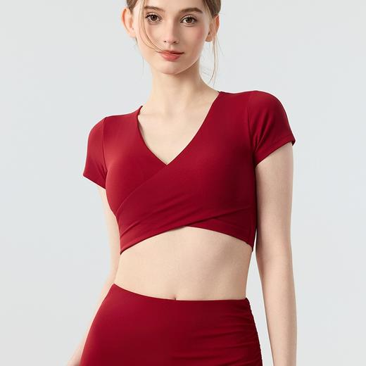 新款带胸垫v领瑜伽短袖女 外穿裸感收腹美背普拉提训练健身上衣瑜伽服BMMZ443 商品图1