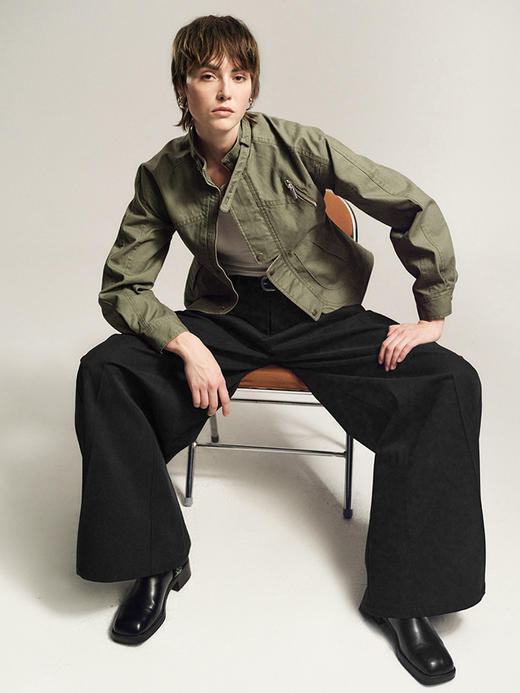 TR她热 街头辣妹 橄榄绿做旧水洗斜纹棉复古收腰机车廓形工装夹克 商品图3