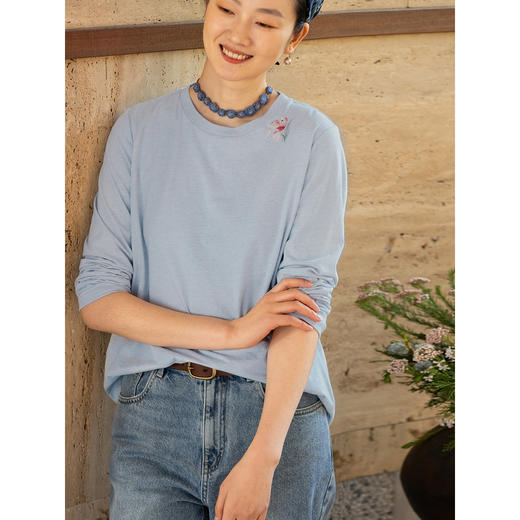 牧衣游原创 32支手工刺绣纯棉T恤春季新款百搭圆领长袖上衣 初禾 商品图2