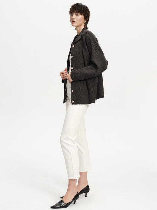 TR她热 复古唱片 深灰色翻领螺纹针织羊毛慵懒保暖宽松开衫外套 商品图1