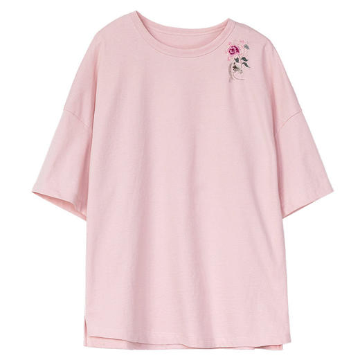 牧衣游原创20支手工刺绣棉质T恤宽松圆领纯色简约百搭短袖 迎春乐 商品图4