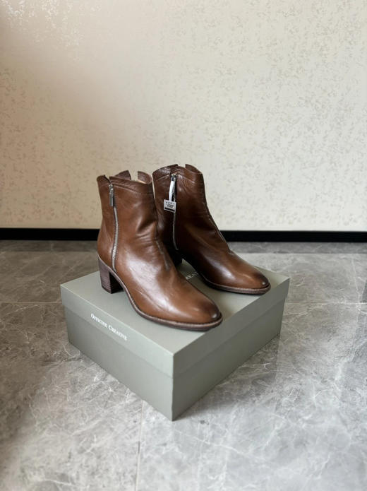 25-1 以往订单不追溯 年底亏清 off 棕色牛皮 内外底全皮 固特异工艺 双侧拉链 切尔西粗跟短靴 商品图3