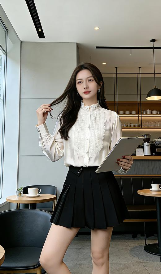 SC1F02_凝脂色_衬衫_春秋_立领木耳边蕾丝拼接缎面长袖_高级女装_BERNIEELEN 伯妮斯茵 商品图2