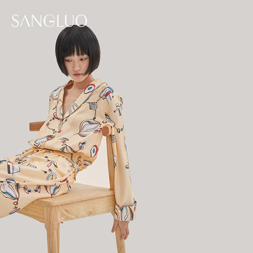 桑罗睡衣小猫印花套装外穿轻复古女睡衣套装 商品图2