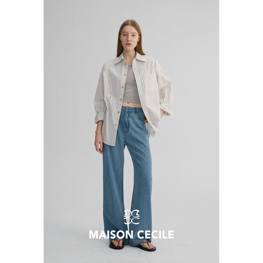 MAISON CECILE 春夏亚麻棉清爽百搭条纹设计感口袋廓形长袖衬衫 商品图1