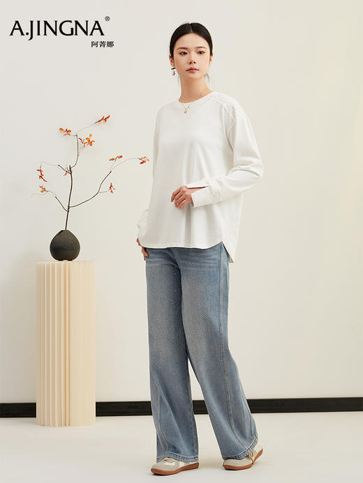 【宽松落肩款】阿菁娜春季新款设计感白T宽松落肩款蕾丝袖口诠释刚柔并济可内搭可单穿F31C301008 商品图4