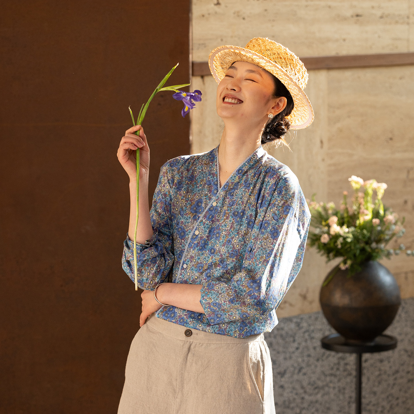 牧衣游原创 80支新疆长绒棉印花衬衫蓝色文艺减龄百搭开衫 梧桐