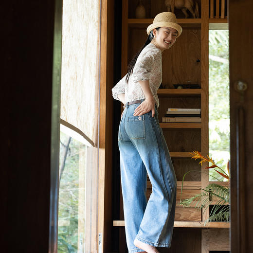 牧衣游原创 手工刺绣净色牛仔裤新款宽松经典复古百搭阔腿裤 怀远 商品图0