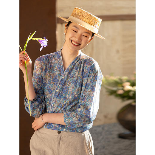 牧衣游原创 80支新疆长绒棉印花衬衫蓝色文艺减龄百搭开衫 梧桐 商品图3