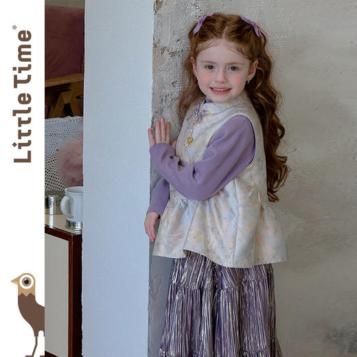 littletime女童套装2025新款中秋儿童新中式国风马甲半身裙三件套 商品图2