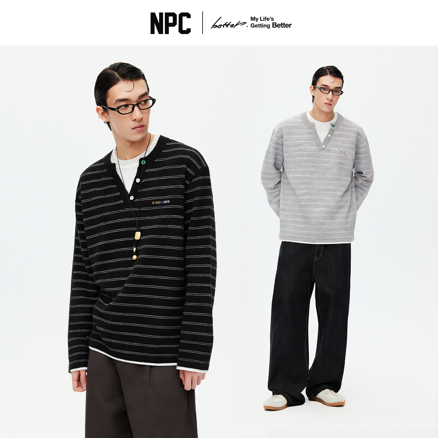 NPC潮牌撞色假二件针织毛衣12针细针窄条纹亨利领长袖NP61SW07