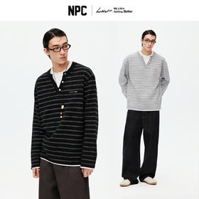 NPC潮牌撞色假二件针织毛衣12针细针窄条纹亨利领长袖NP61SW07