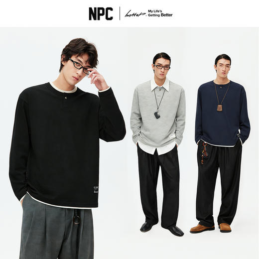 NPC潮牌复古半开襟亨利领长袖T恤下摆拼接假二件棉混纺NP5CTL15 商品图0
