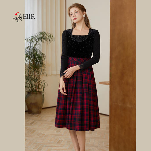 司歌丝绒拼接假两件弹力连衣裙收腰长袖A921219X 商品图1