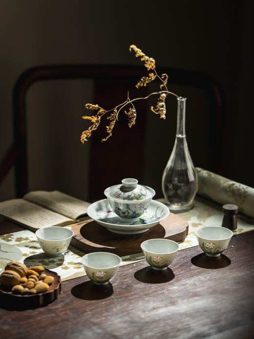 富玉窑  虞美人陶瓷景德镇粉彩玲珑盖碗茶杯 商品图0