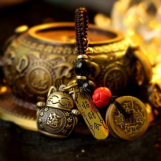 【祈愿吉品】發財令招手猫钥匙扣黄铜五帝钱钥匙挂件包包挂饰 商品图0