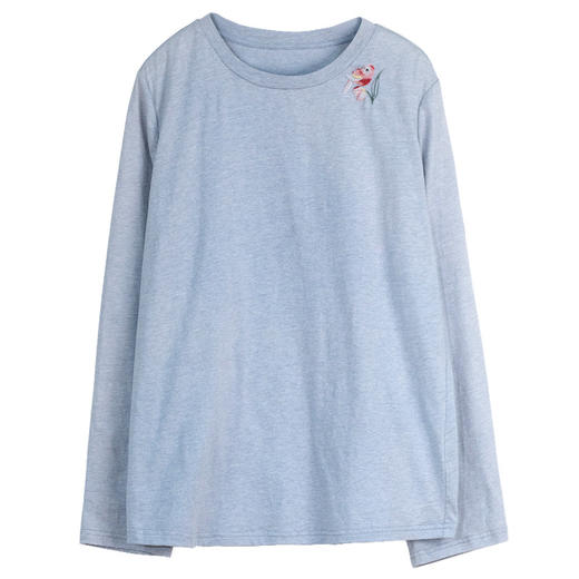 牧衣游原创 32支手工刺绣纯棉T恤春季新款百搭圆领长袖上衣 初禾 商品图4