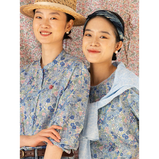 牧衣游原创 80支纯棉印花衬衫新款蓝色百搭宽松碎花文艺小衫 禾辛 商品图3