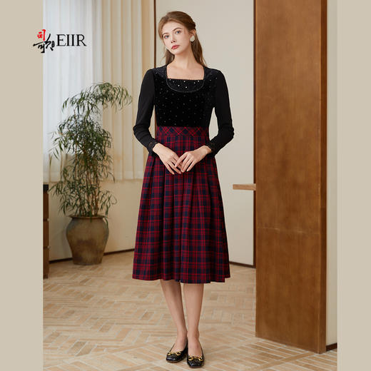 司歌丝绒拼接假两件弹力连衣裙收腰长袖A921219X 商品图4