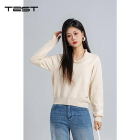 春上新软糯亲 V领针织衫新款宽松显瘦米白色长袖百搭毛衣1261004