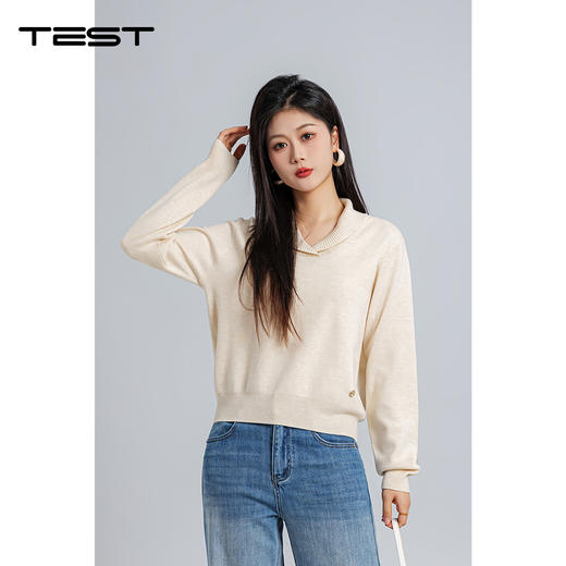 春上新软糯亲 V领针织衫新款宽松显瘦米白色长袖百搭毛衣1261004 商品图0