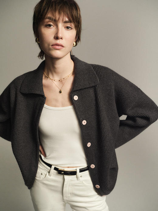 TR她热 复古唱片 深灰色翻领螺纹针织羊毛慵懒保暖宽松开衫外套 商品图2