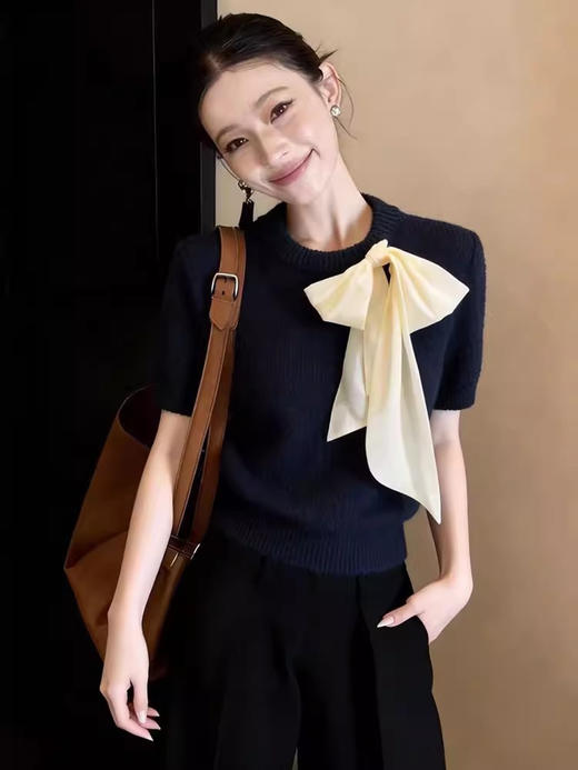 MO*同款轻绉蝴蝶结装饰粗粝竹节纱肌理短袖针织 商品图7