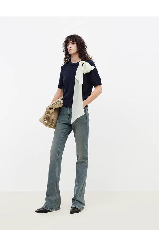 MO*同款轻绉蝴蝶结装饰粗粝竹节纱肌理短袖针织 商品图5