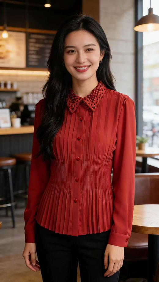 SC1F03 红色衬衫 精致刺绣蕾丝领、全身压褶工艺、收腰显瘦版型，全身采用精密细褶压皱工艺，久穿不易变形，端庄优雅中式气质。 商品图0