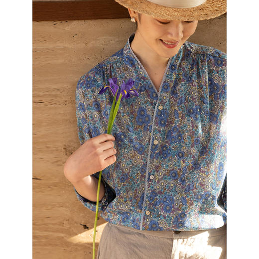 牧衣游原创 80支新疆长绒棉印花衬衫蓝色文艺减龄百搭开衫 梧桐 商品图1