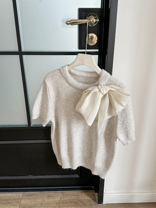 MO*同款轻绉蝴蝶结装饰粗粝竹节纱肌理短袖针织 商品图13