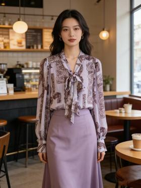 SC1F06 紫薄汗 衬衫 定制高支雪纺面料，加入暗纹肌理，轻薄透气且自带垂坠感，不易透肉气质,法式飘带领结、复古图腾印花，飘带可自由系成蝴蝶结 / 平结，领口微泡泡袖，袖口做同印花荷叶边收口。