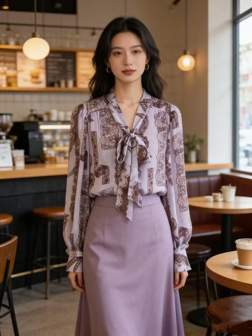 SC1F06 紫薄汗 衬衫 定制高支雪纺面料，加入暗纹肌理，轻薄透气且自带垂坠感，不易透肉气质,法式飘带领结、复古图腾印花，飘带可自由系成蝴蝶结 / 平结，领口微泡泡袖，袖口做同印花荷叶边收口。 商品图0