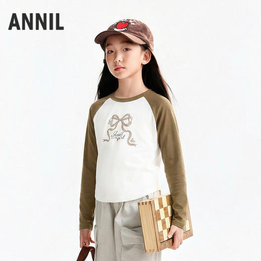 【断码捡漏-全棉甜美T恤】女童插肩袖撞色百搭上衣圆领长袖T恤春季新款安奈儿童装EG611741 商品图2