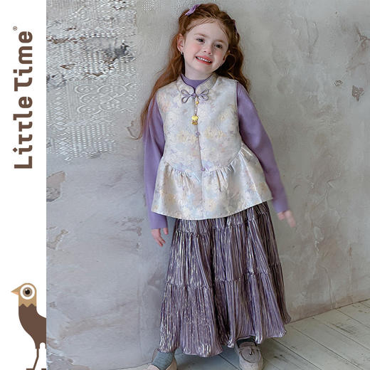 littletime女童套装2025新款中秋儿童新中式国风马甲半身裙三件套 商品图4