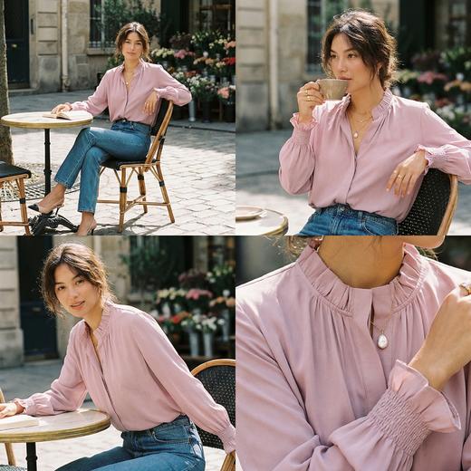 NANSONGSILK/NS新中式【如棠】品牌新款桑蚕丝木耳边立领长袖直筒宽松衬衫M1A516239Y南宋 商品图1