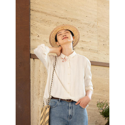 牧衣游原创 条纹纯棉手工刺绣衬衫白色休闲百搭素雅文艺衬衣 西木 商品图2