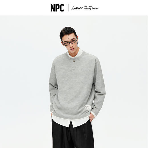 NPC潮牌复古半开襟亨利领长袖T恤下摆拼接假二件棉混纺NP5CTL15 商品图2