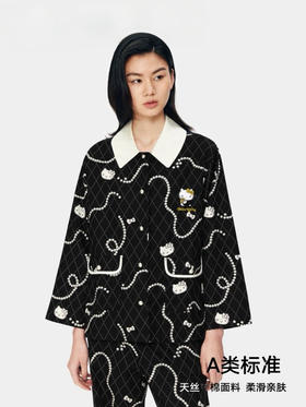 宋雨琦同款！官网599 野兽×HelloKitty联名春款小香风天丝棉家居服套装 经典黑底配菱格奶白珍珠项链KT印花 慵懒显贵