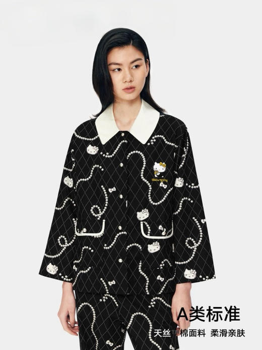 宋雨琦同款！官网599 野兽×HelloKitty联名春款小香风天丝棉家居服套装 经典黑底配菱格奶白珍珠项链KT印花 慵懒显贵 商品图0