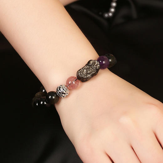 【祈愿吉品】【 財囍双收】貔貅黑曜石紫水晶手链 情定三生手串男 商品图2