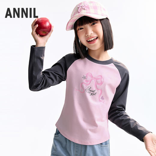【断码捡漏-全棉甜美T恤】女童插肩袖撞色百搭上衣圆领长袖T恤春季新款安奈儿童装EG611741 商品图1