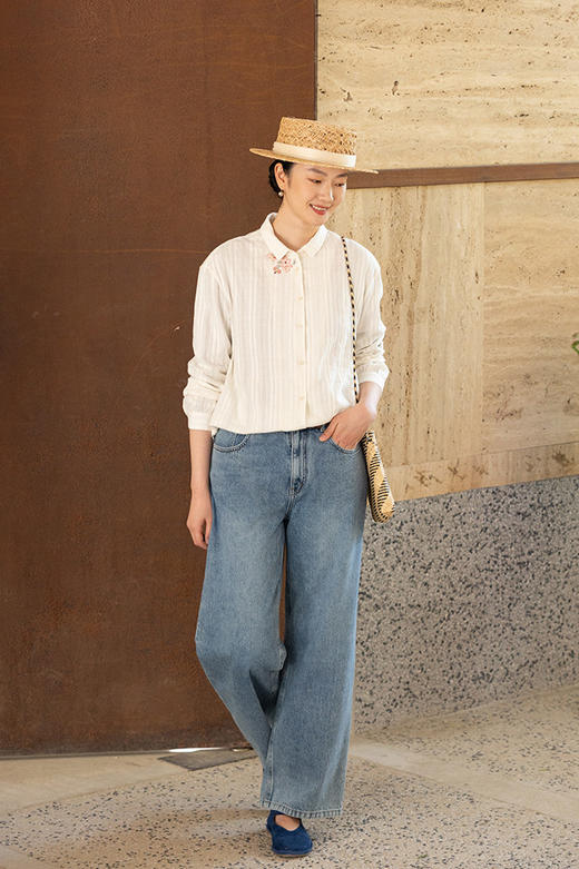 牧衣游原创 条纹纯棉手工刺绣衬衫白色休闲百搭素雅文艺衬衣 西木 商品图5