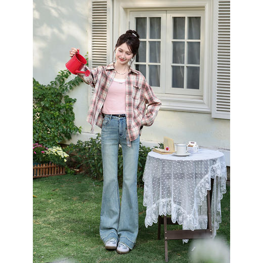 鹿向南「港风柔叙」翻领格子衬衫外套女春季新款宽松轻薄开衫上衣 商品图1