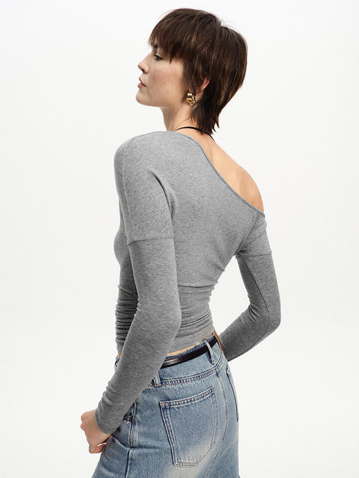 TR她热 慵懒叙事 灰色天丝羊毛露肩长袖显瘦挂脖针织打底衫上衣 商品图2